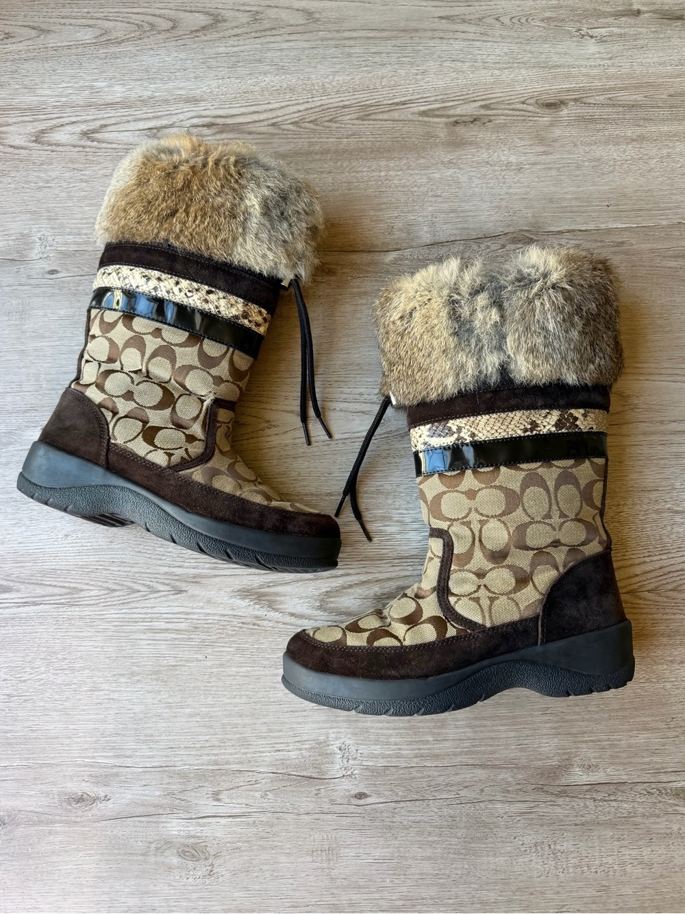 Coach Lorna Rabbit Fur Lined Winter Boots Signature Brown Size 7M